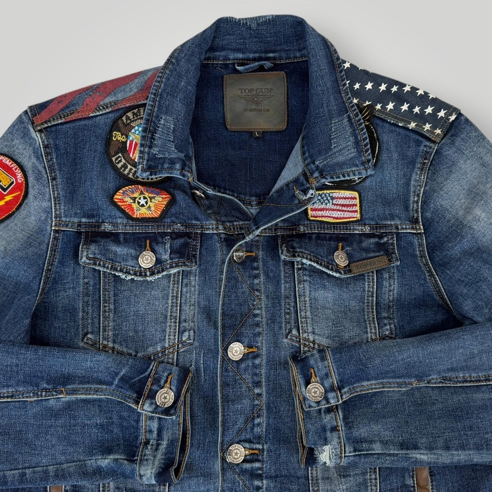 Denim Bomber Jacket with Embroidered Jaguar and Flag Patch - Picture 7 of 11